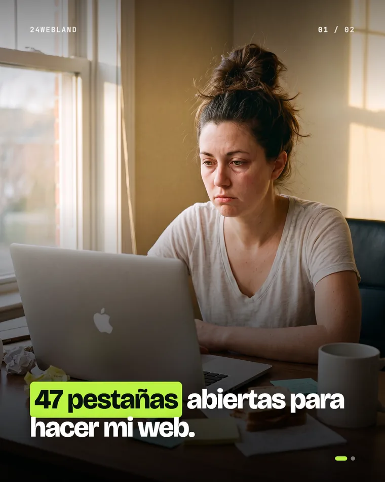 Una mujer frente a su laptop con 47 pestañas abiertas, intentando hacer su web por su cuenta